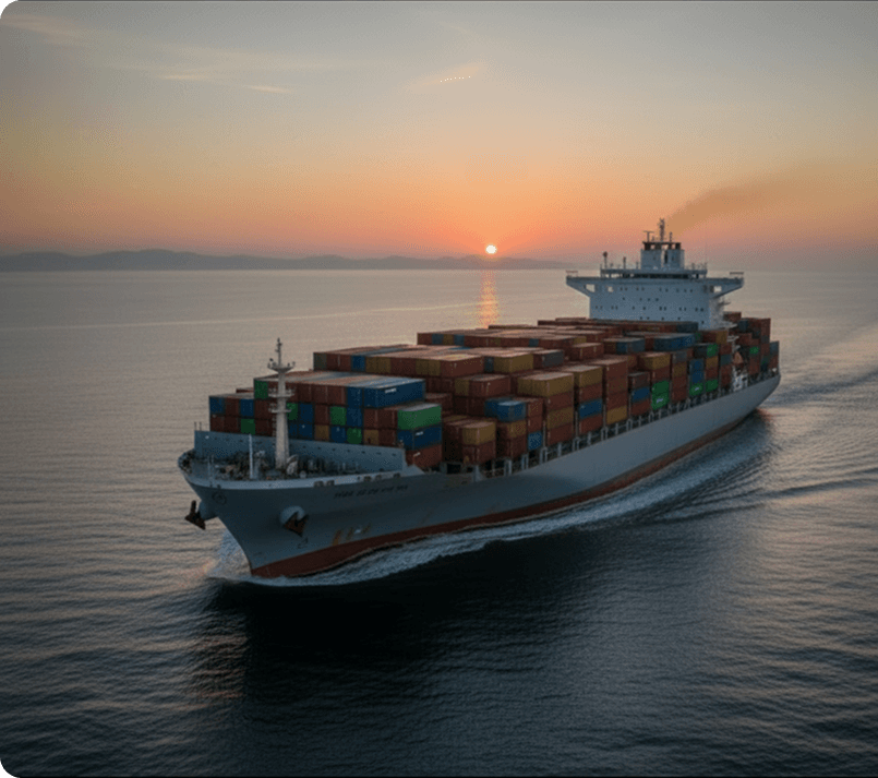 Container ship at sunset on the open sea