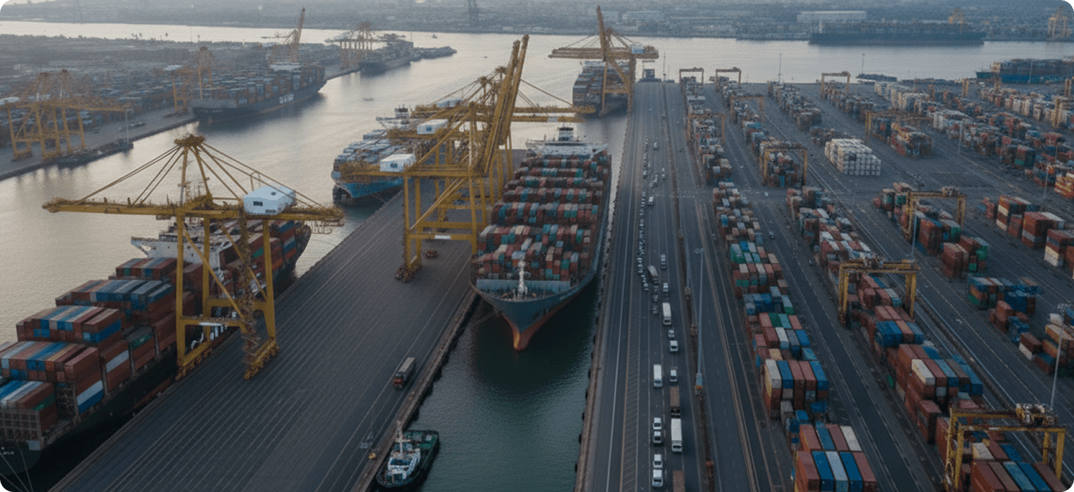 Aerial view of Tema Port with container vessels and gantry cranes