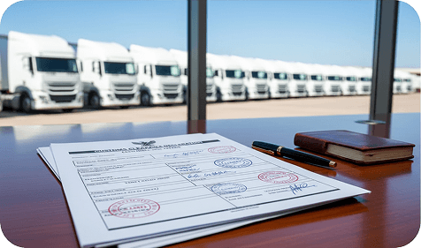 Customs documentation with stamps on a desk in front of a fleet yard