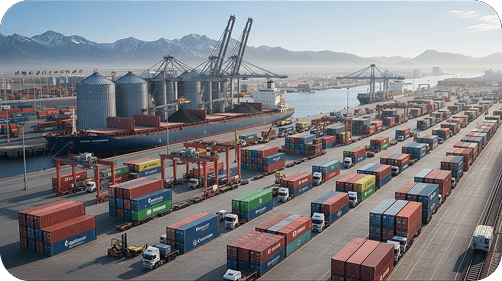 Port stockyard with stacked containers and inland trucks