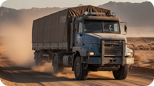 Flatbed haulage truck moving along a dusty cross-border route