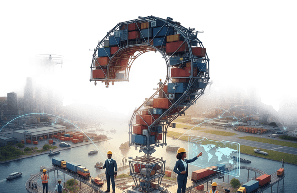 Professional logistics question mark formed from cargo containers