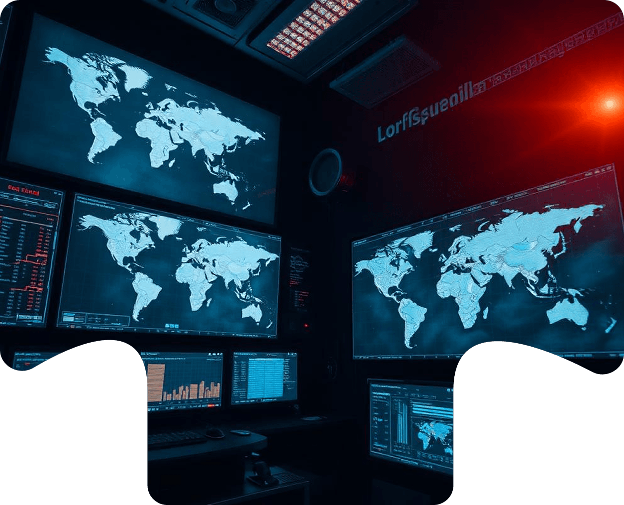 Global logistics control room with world map dashboards