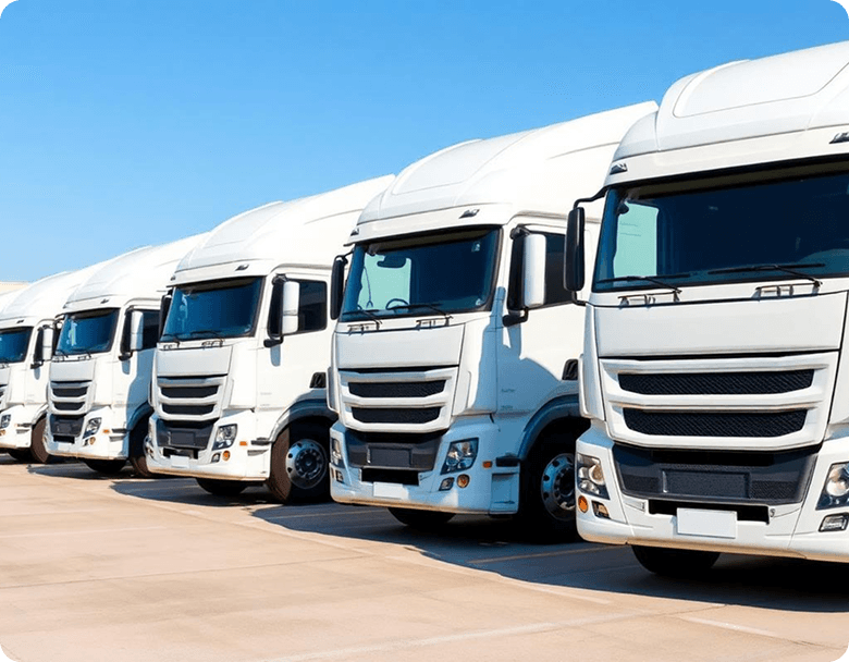 Row of 40ft flatbed truck heads at the depot